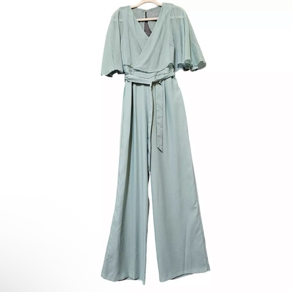 Zara Collection Womens Cutout Back Wide Leg Mint Green Flowy Jumpsuit  Sz. M NWT - Picture 7 of 10